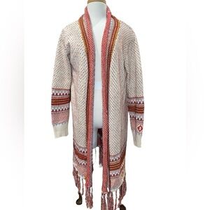 Pink Diamond Long Cardigan M/L Cream/Red/Blue Long Sleeve Fringe Detail Open